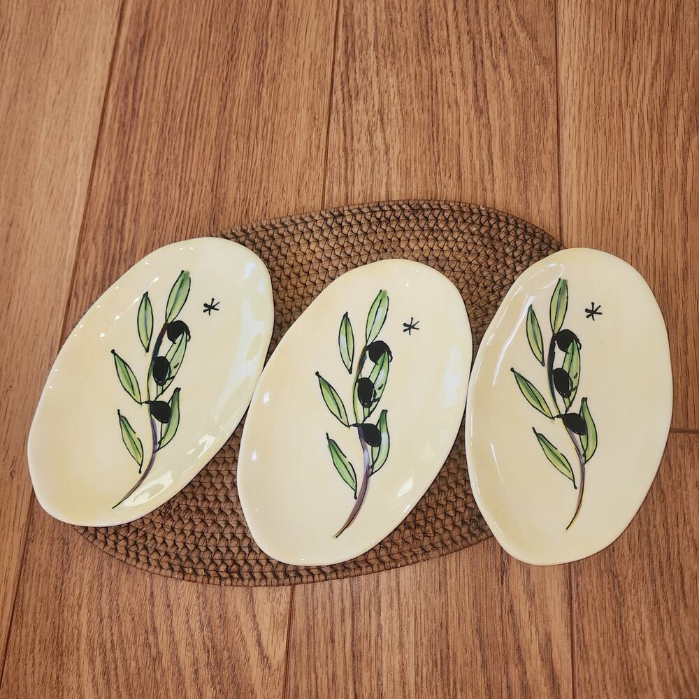Julia Junkin oval appetizer plates set of 3 yellow w/ black olive & branch print
